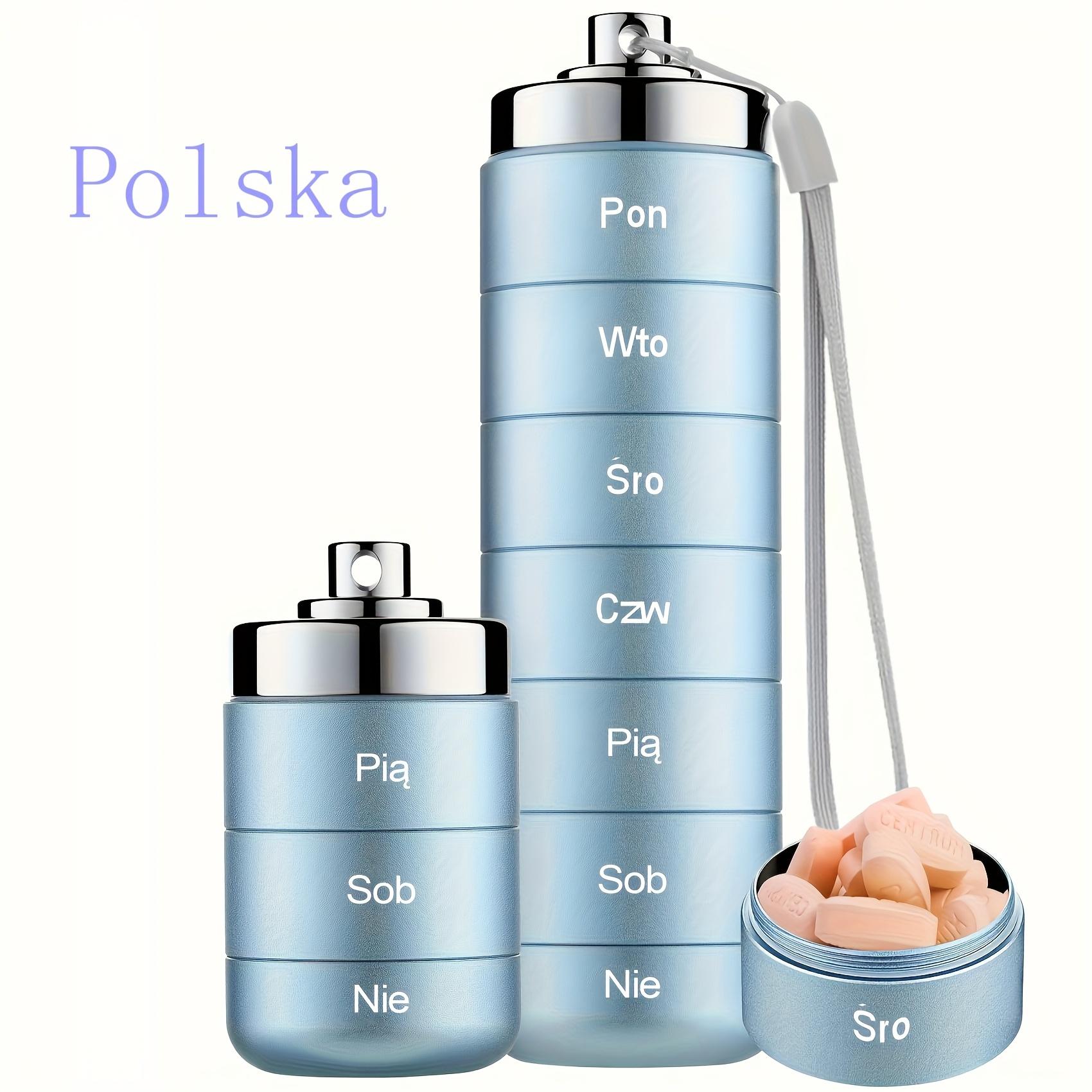 

[Polish printing]Metal Travel Pill Organizer, Portable 7 Day Vitamin Organizer Stackable, Waterproof 1 Times A Day Pill Box синий