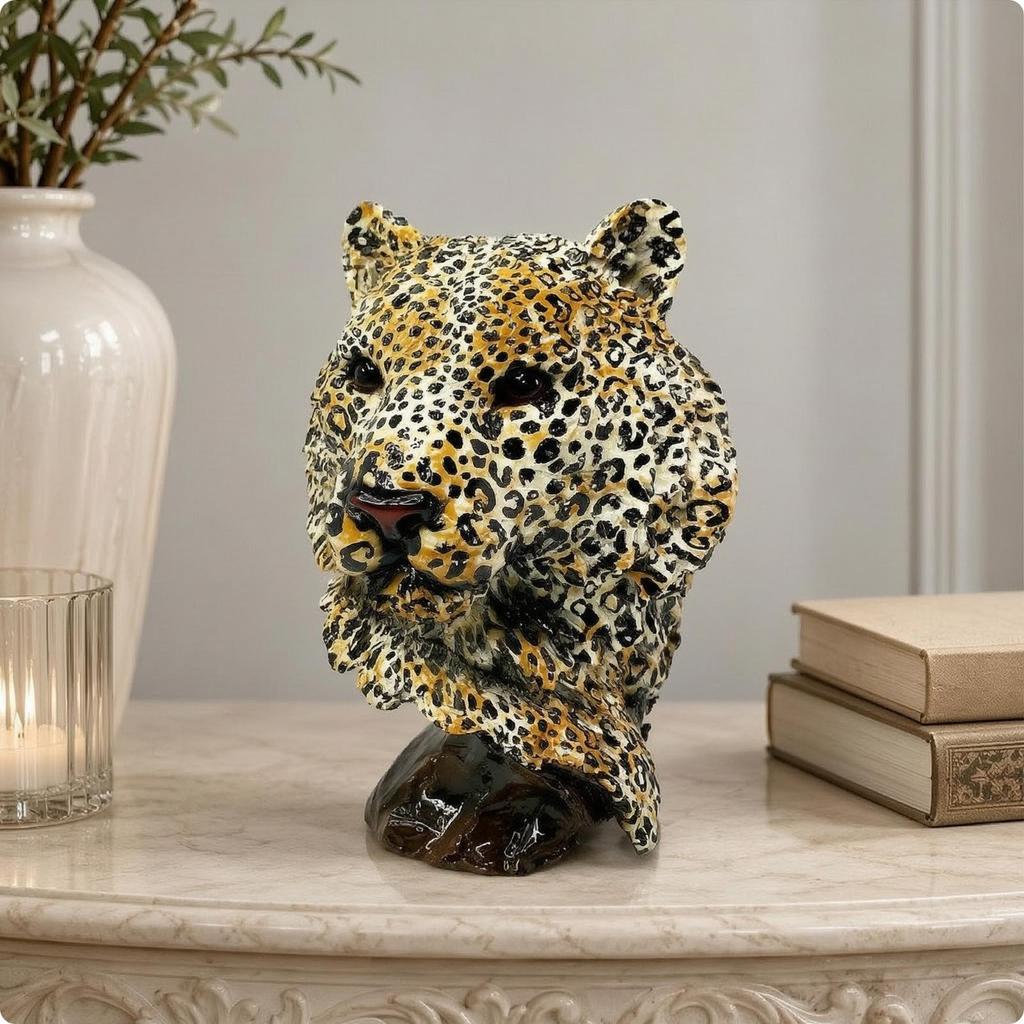 Leopard Head Bust HandhandPainted Big Cat Sculpture with Base Textured Cheetah Statue for Art
