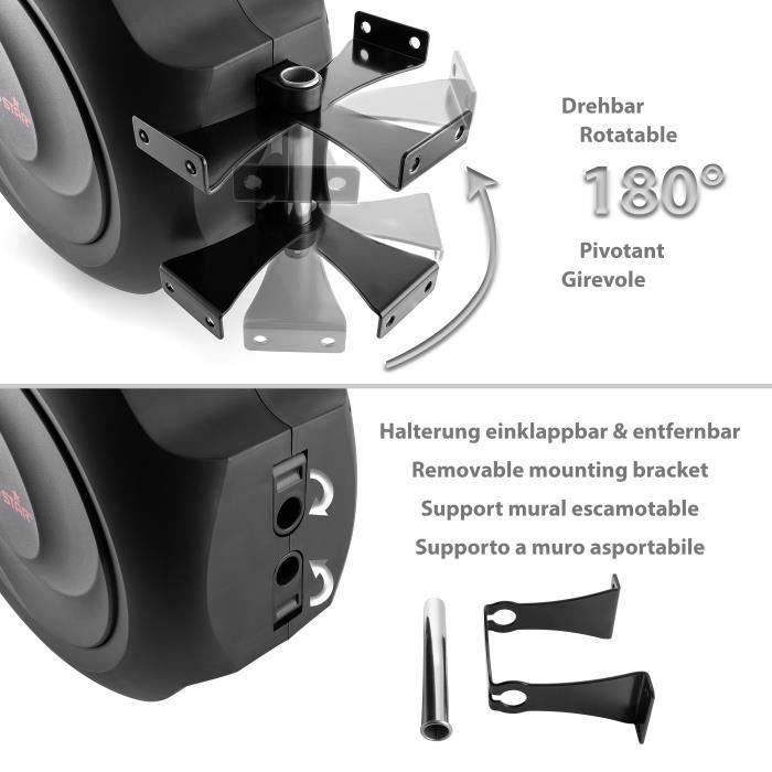 Enrouleur de tuyau d'air comprimé - Poppstar - 20m + 2m - Rembobinage automatique - Support mural pivotant 180°