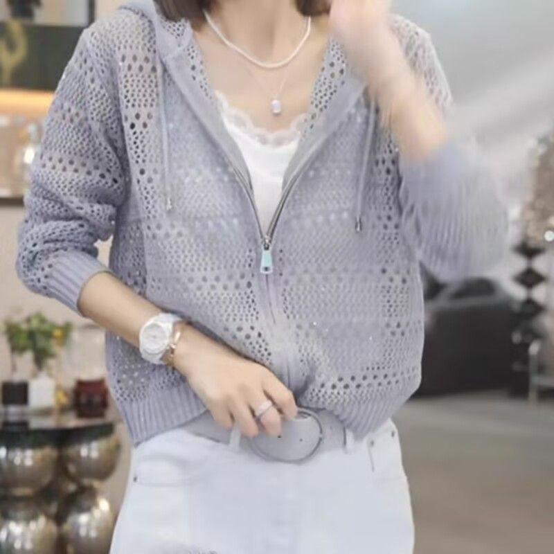 Hooded Openwork Zipper Knit Cardigan: Women's Casual Long Sleeve Sweater for Autumn & Spring