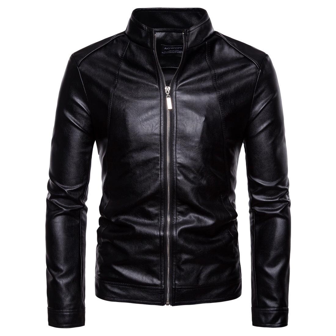 

European Men s Stand-Up Collar Solid Color Motorcycle Leather Jacket, Autumn/Winter 2026, Code B041. M