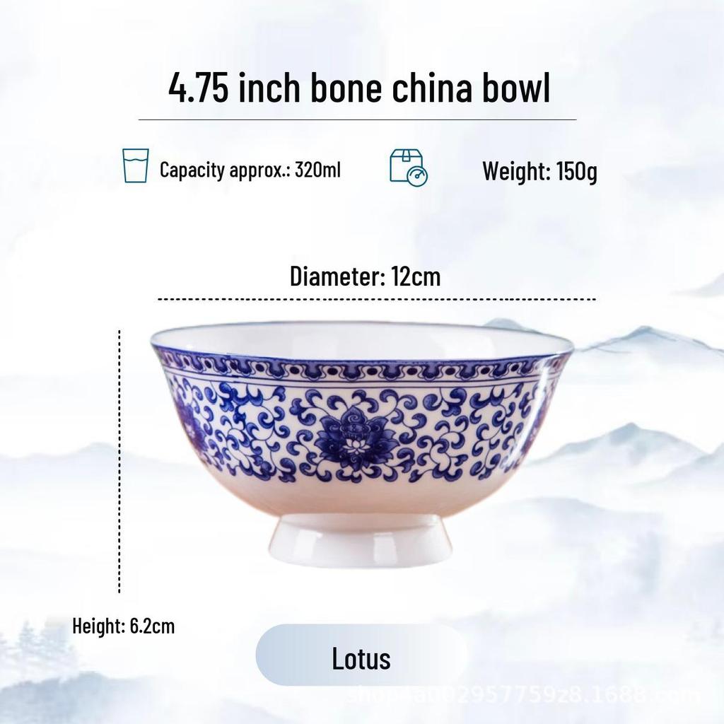Blue and White High-Foot Bone China Noodle Bowl - Chinese-Style, Anti-Scald, Customizable for Birthdays