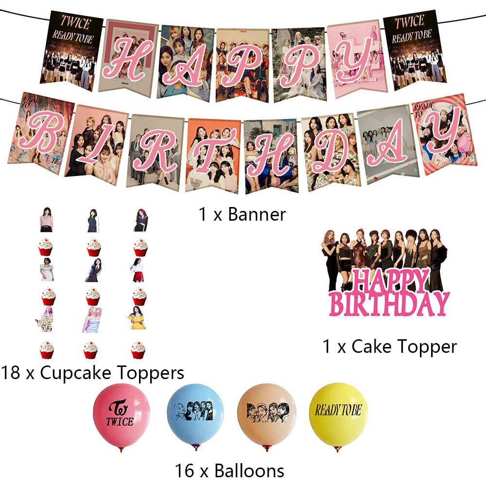 36 Stück Twice Sänger Partyzubehör inklusive Banner, Kuchenaufsätzen und Luftballons