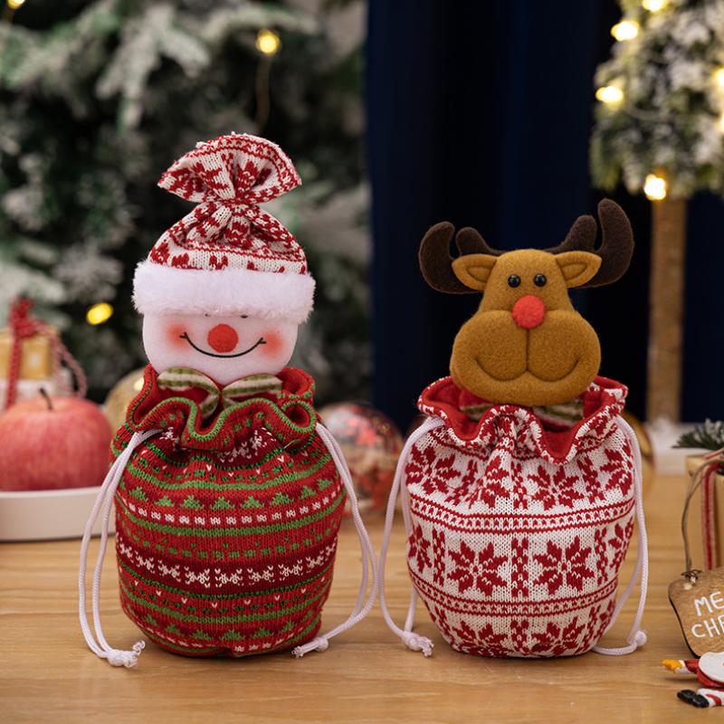 Christmas Knitted Gift Bags Set With Apple Doll Elk Santa Bear Design For Candy Storage Xmas Party Favors  Year Gifts Holiday