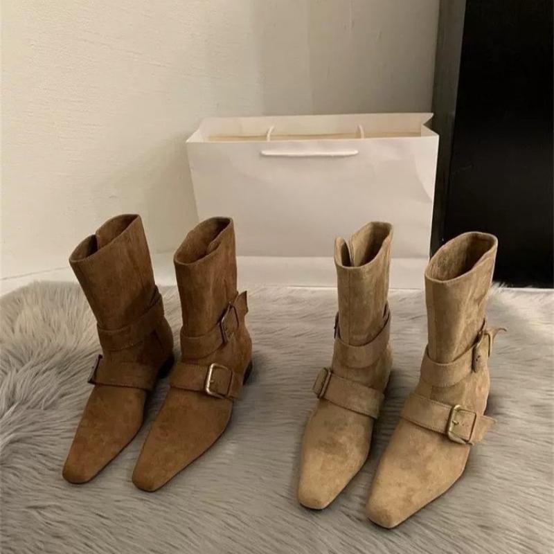 Fashion 2025 New Autumn and Winter Women's Summer Square Toe Pleated Booties