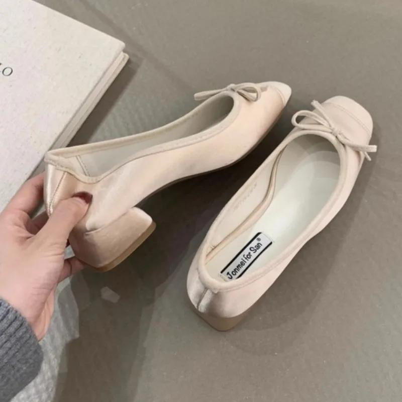 Fashion Women's Single Shoes Spring New Square Head Splicing Butterfly Knot Soft Sole Anti-slip Wear-resistant Low-top Shoes