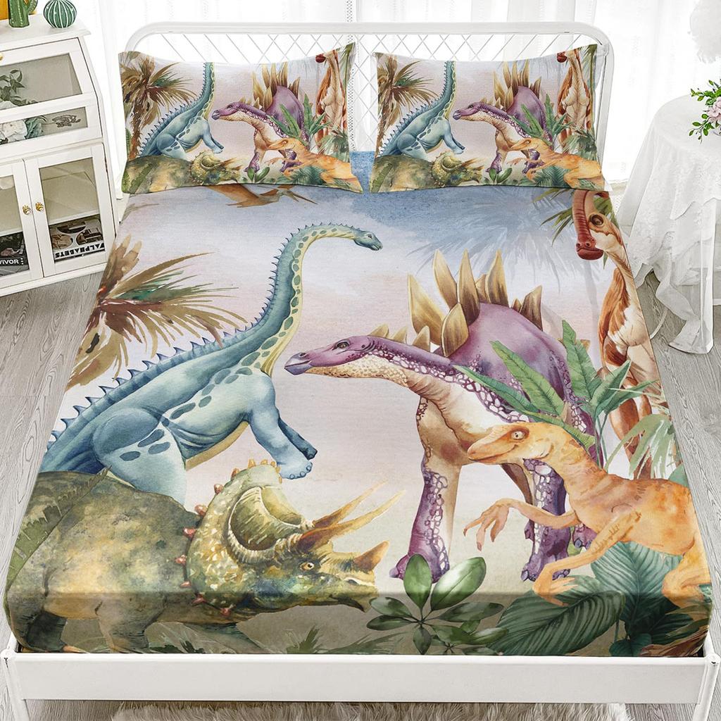 Mehrfarbiges Cartoon-Dinosaurier-Muster Bettmütze Dreiteiliges Digitaldruck Niedliches Muster Bettwäscheset