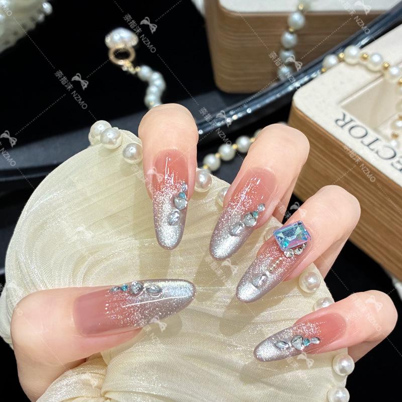 Y19 Gradient Blue Cat Eye Removable Manicure Nails M【Slightly larger hands】