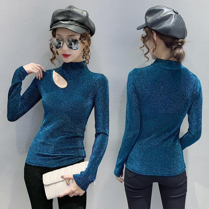 Lesklá příze Polovysoký výstřih Jednobarevné Vydlabané tričko s dlouhým rukávem Spodní halenka pro ženy na jaře