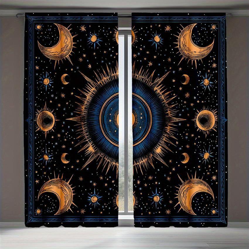2pcs Bohemian Sun Moon Curtains - Glittering Stars & Galaxy Design   Black Polyester Light Blocking Drapes with Blue & Golden Acc