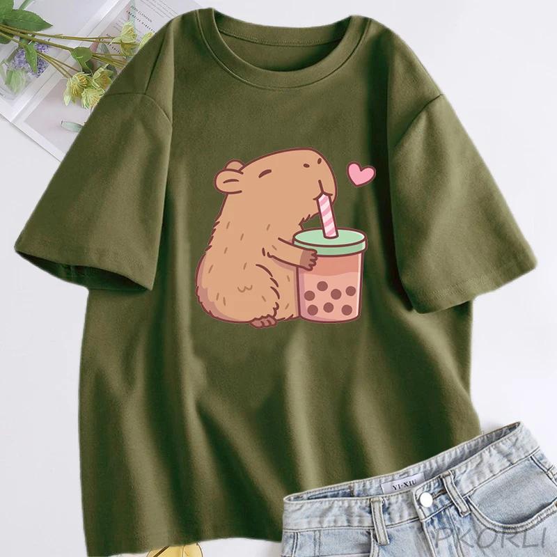 Cute Capybara Loves Bubble Tea T Shirt for Women Cotton Short Sleeve Cartoon Graphic T Shirts Summer Short Sleeve Tee Clothes