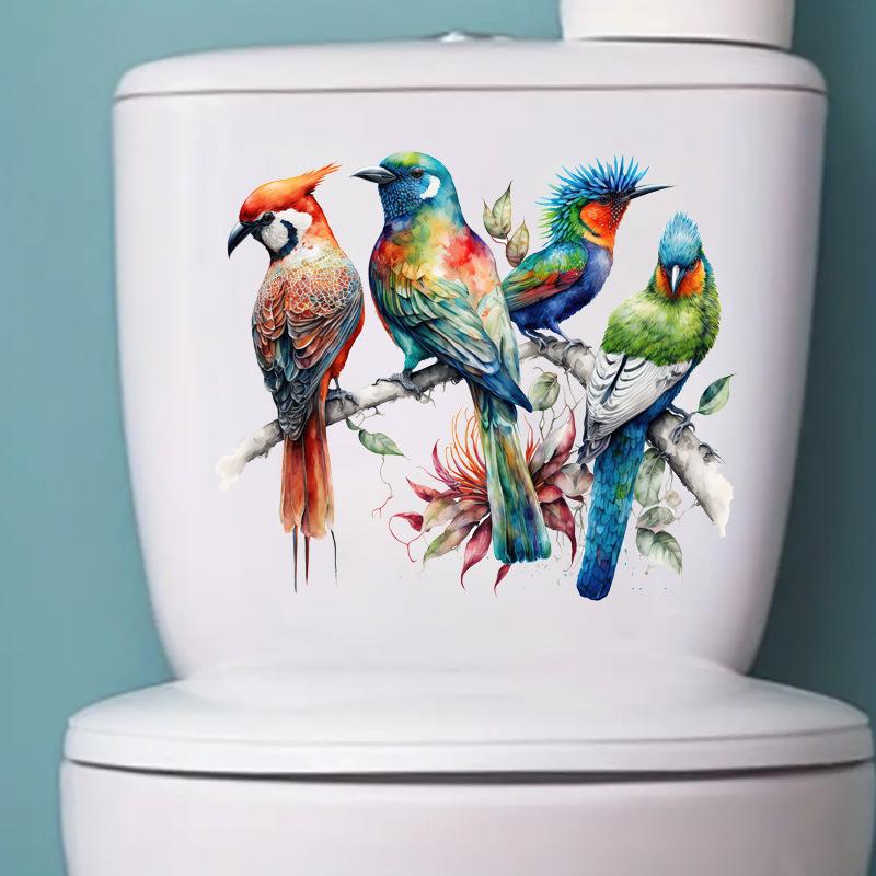 Self-adhesive Hand-painted Bird on Branch Toilet Stickers Waterproof for Bathroom Wall Decor