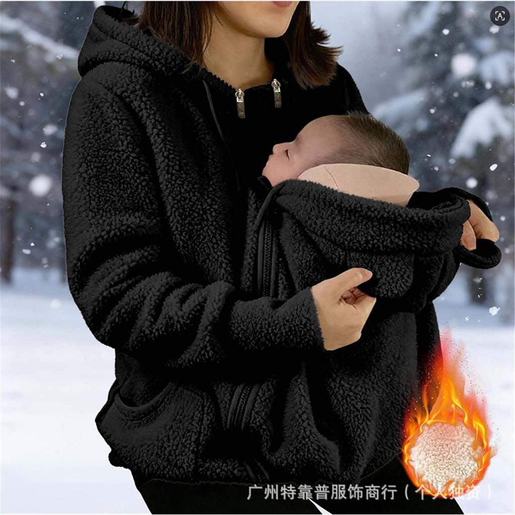 Women Fleece Hooded Jacket 2‑in‑1 Maternity Nursing Sweatshirt Baby Carrier Pouch Hoodie Zipper Warm Winter Outerwear Coat