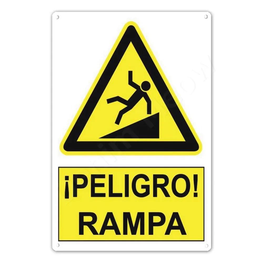 Spanish Warning Sign Danger Metal Sign for Street Yard Bar Workshop Decor Yellow Waterproof Caution Signs Outdoor Indoor