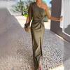 Hot In Stock, Summer New Diagonal Collar, Shoulder Sleeves, Pleated Waist, Solid Color Slim-fit Dress