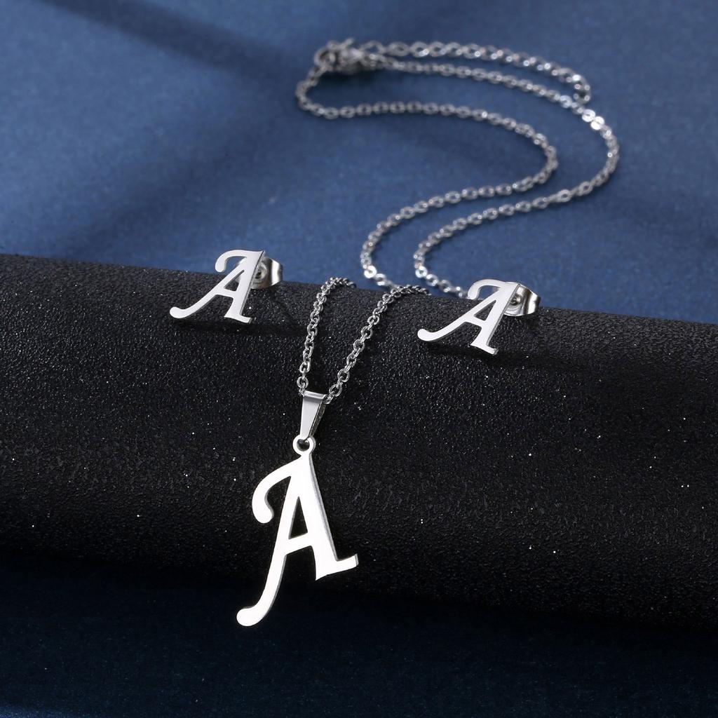 Stainless Steel Letter Pendant Necklace Unisex Jewelry Set Letter Earrings Party Accessory Present for Fashion Lover