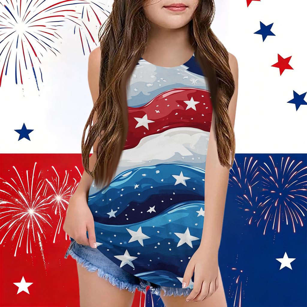 Girls  Kids Summer Crewneck Sleeveless Shirts Tank Tops Independence Day