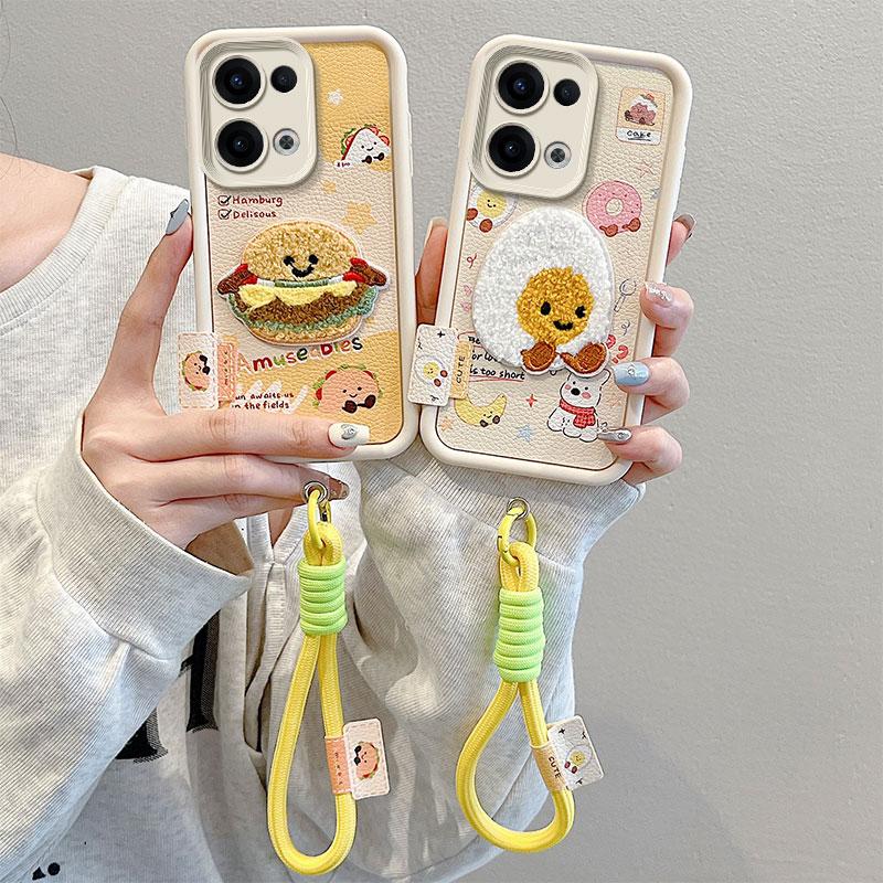KEYSION Cartoon Cute Plush Embroidery Case for OPPO Reno13 5G with Lanyard Silicone Shockproof Phone Cover for OPPO Reno 13 Pro 5G
