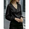 New Women's French Elegant Puff Sleeve V-neck Satin Long Sleeve Blouse