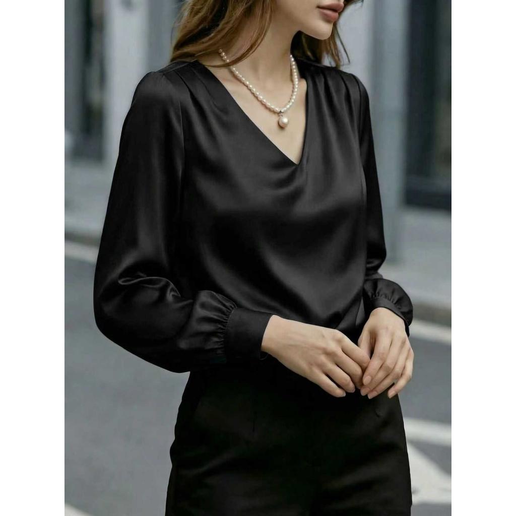 New Women's French Elegant Puff Sleeve V-neck Satin Long Sleeve Blouse