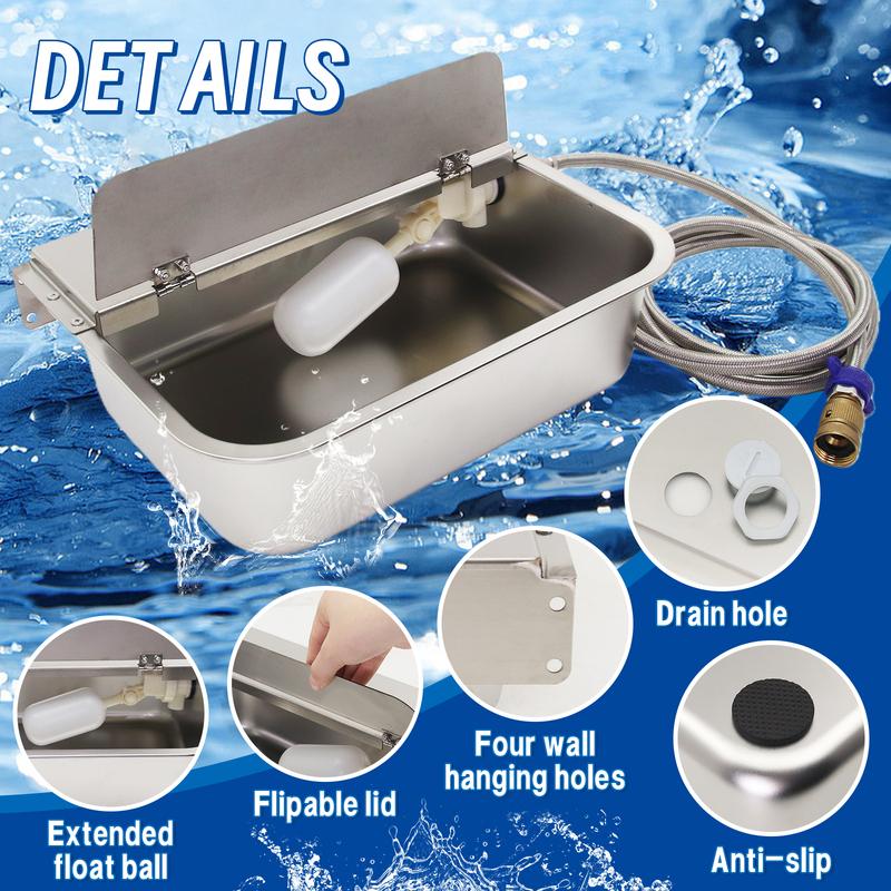 Stainless Steel Wall Mount Auto Fill Dog Water Bowl Automatic Float Valve Pet Water Trough with Flip Cover Large Capacity