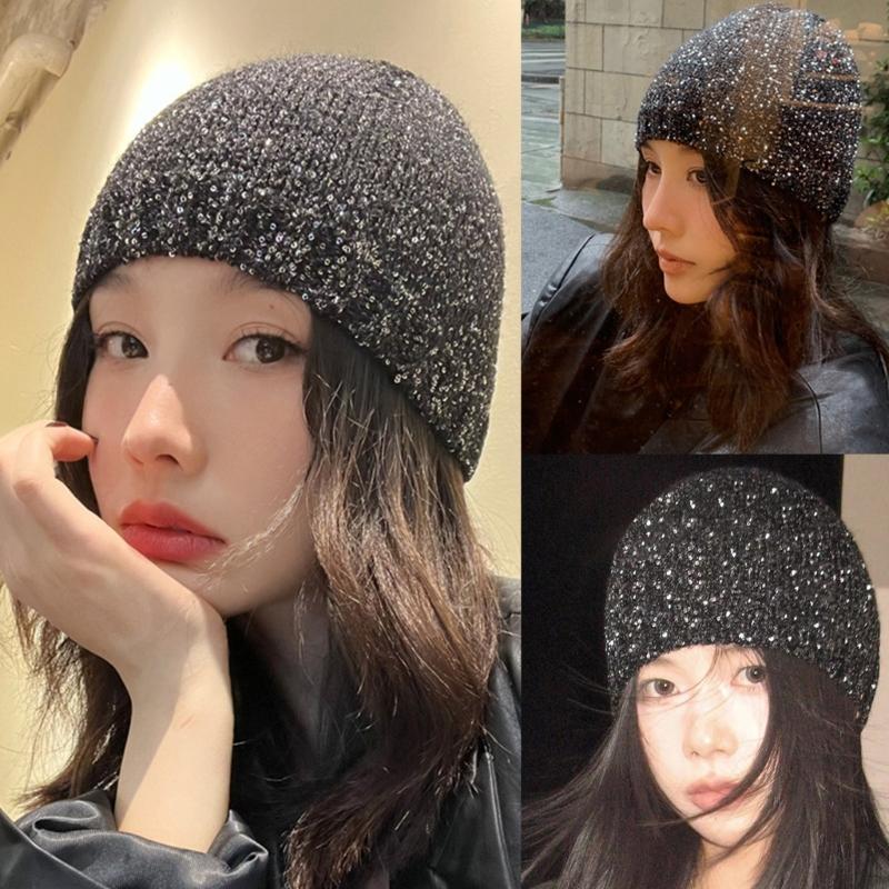 Cool Black Sequins Party Hat Breathable Skull Hat Party Bonnet Knit Hat