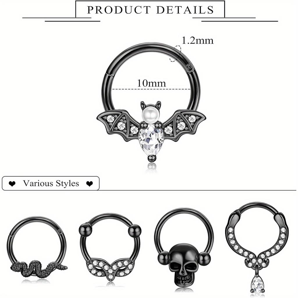 Bobisty 1Pc Stainless Steel Septum Ring Septum Jewelry Daith Piercing Jewelry Daith Earrings for Girls Septum Clicker Black