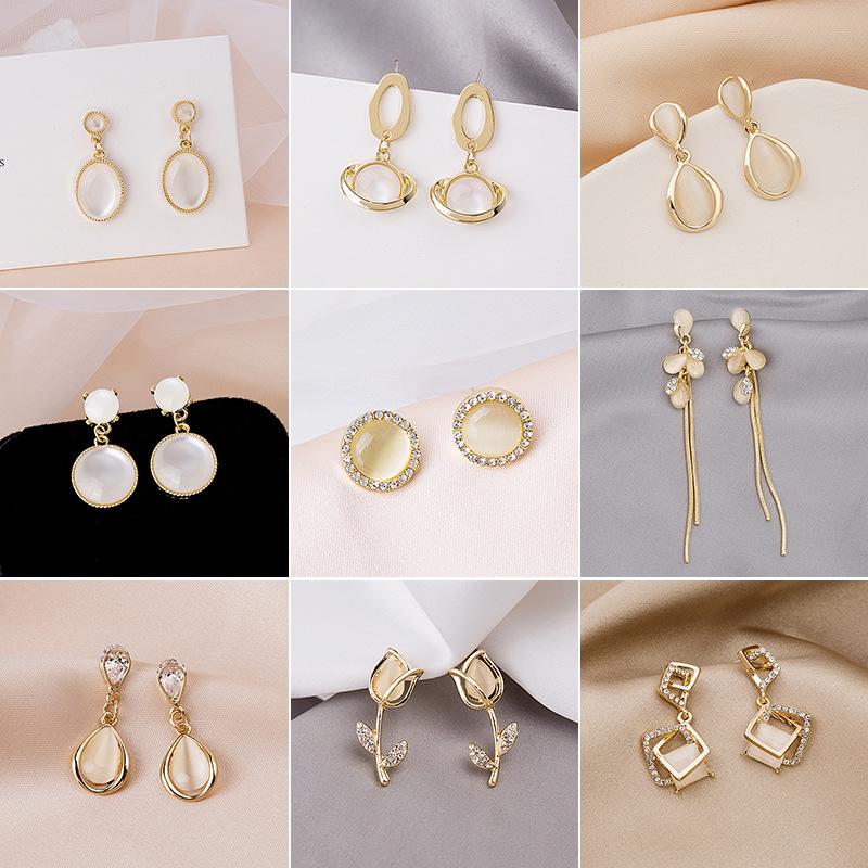 

Geometric Tulip Cat s Eye Stone Earrings with 925 Silver Needle