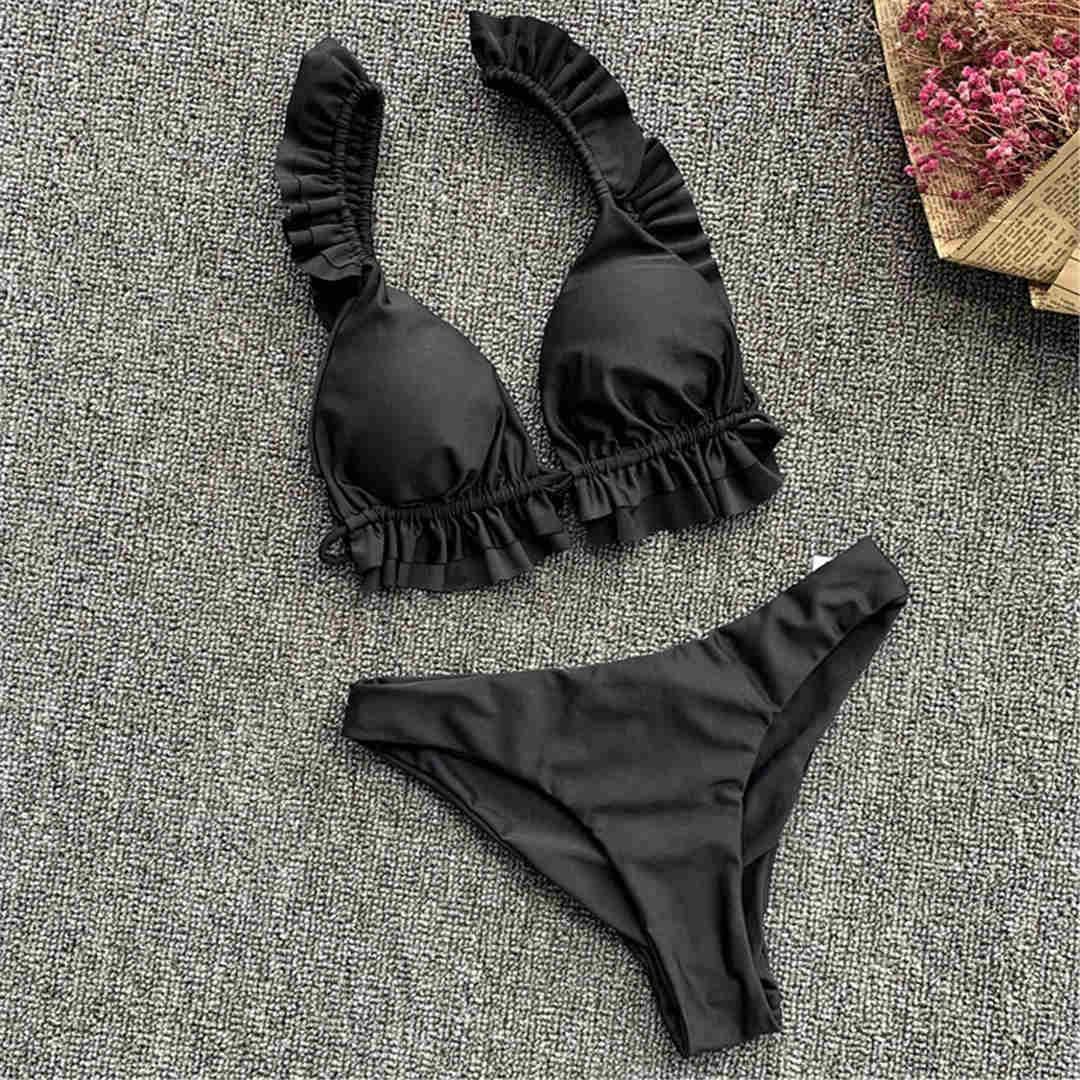 

Женский купальник бикини с рюшами и оборками, женский купальник из двух частей, комплект бикини со средней талией, купальный костюм S чёрный