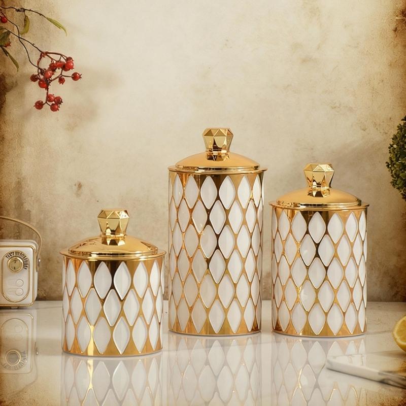 Set Of 3 Decorative Golden Trimmed Storage Tins Plastic Food Canisters With Gold Trim Sealed Jar For Home Office Use