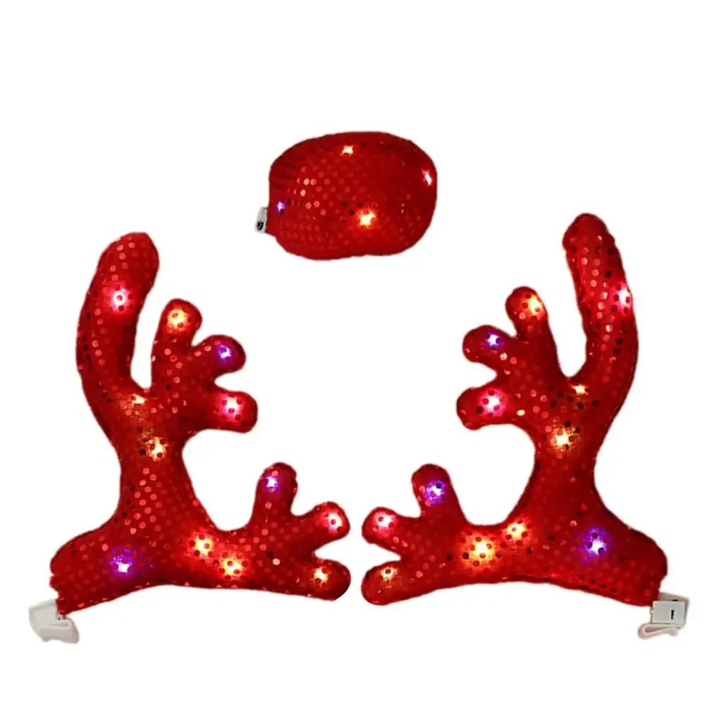 LED Reindeer Decoration Rudolph Christmas Reindeer Antlers Red Nose Ornaments Elk Antler Car Vehicle Nose Horn Costume Decor Set