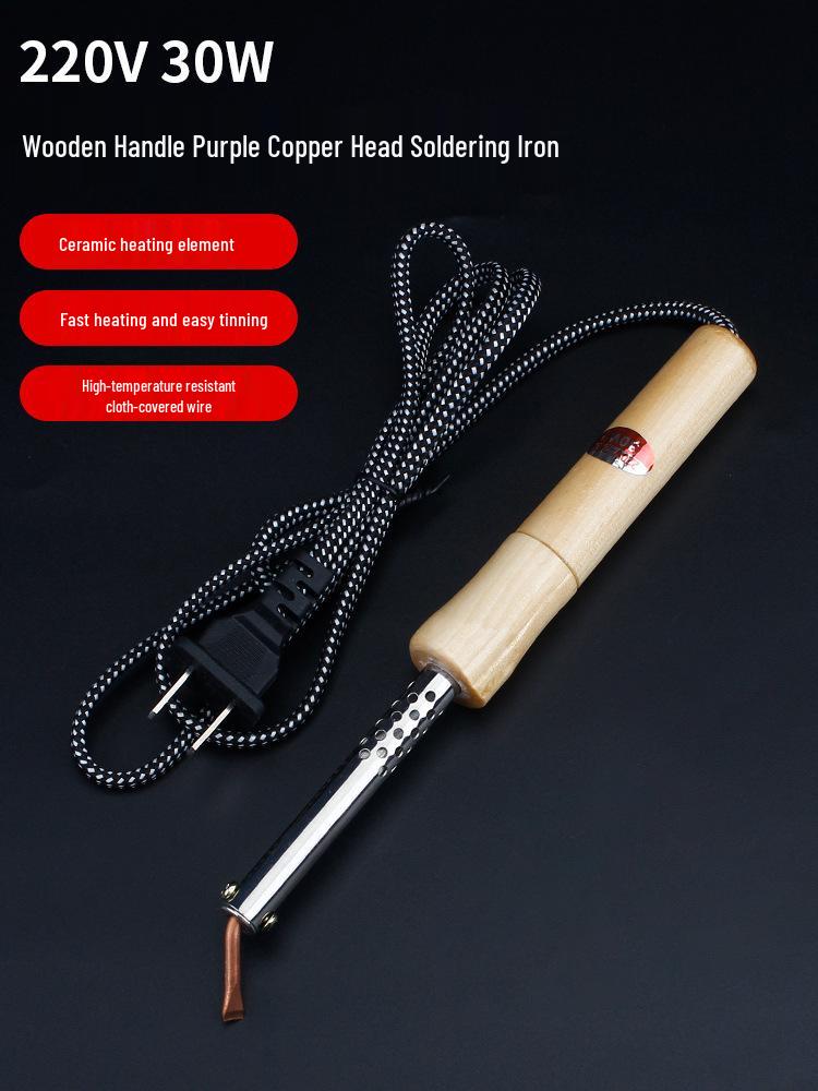 High-Power Electric Soldering Iron Set with Wood Handle - Purple Copper Bent Flat Tip for Household Electronics Repair.