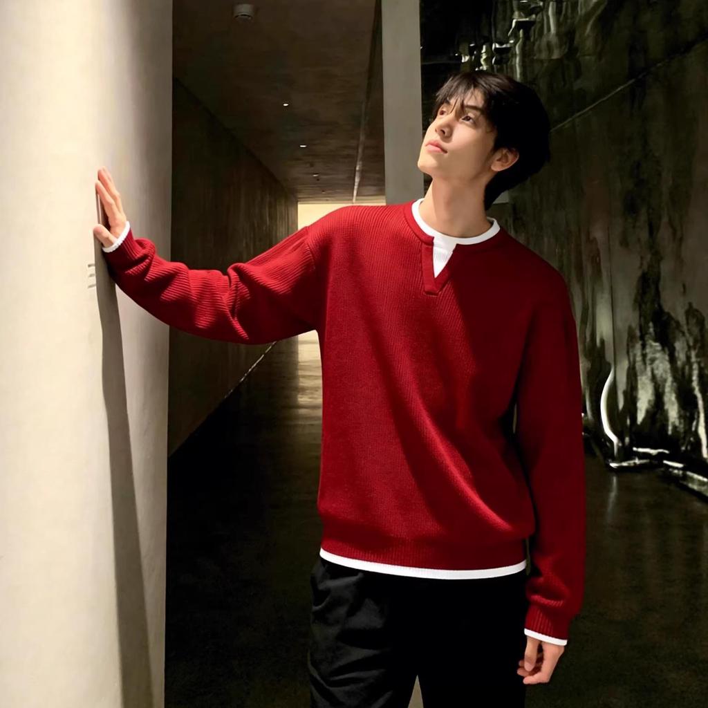 Men's Spring/Autumn 2025 Round Neck Double-Layer Knit Sweater Top
