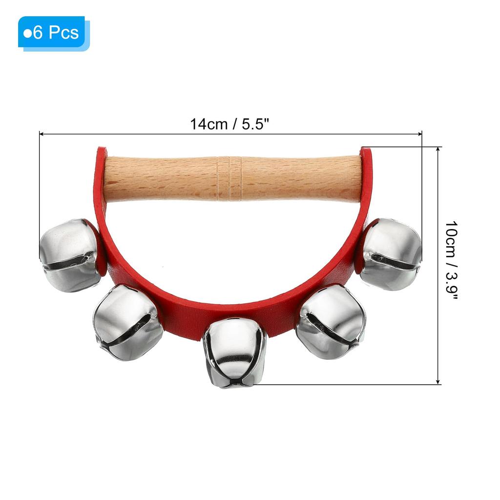 PATIKIL 6-Piece Jingle Bell Hand Bells, Handheld Wrist Bells, Wooden Percussion Instrument with 5 Bells, for Music Classes, Parties, and Christmas,