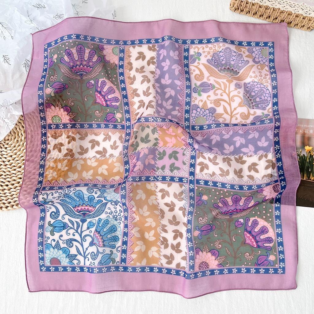 1116 Spring and Summer New Plant and Flower Printed Square Scarf Women's Versatile Temperament Decorative Scarf Multifunctional Small Silk Scarf