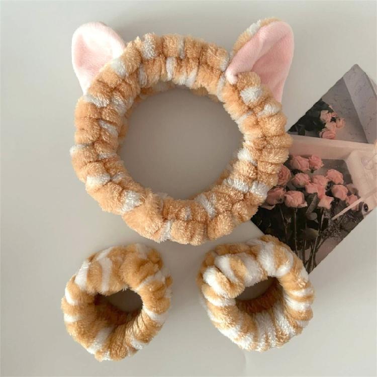 3 Pieces Plush Headband Set for Face Washing with Kitten Ears  Absorbent Wristbands for Face Washing