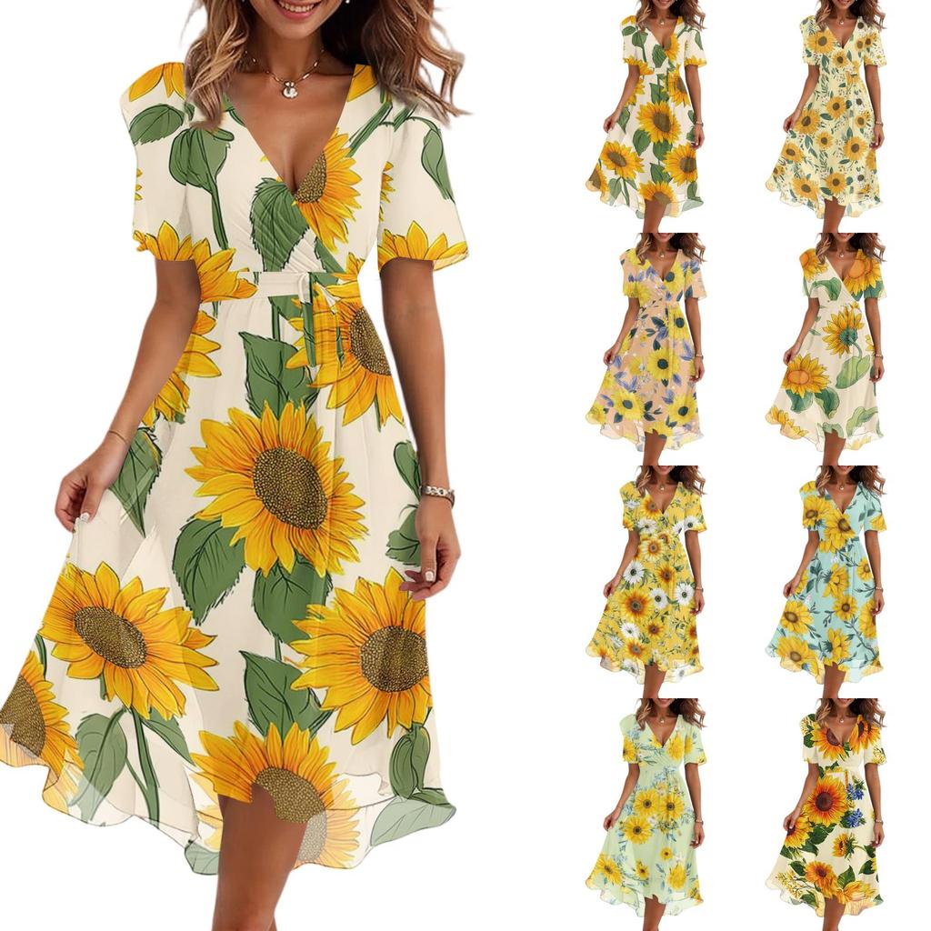 Women’s Short Sleeve V Neck Midi Dress with Sunflower Floral Print Casual Loose Fit Lightweight Summer Dress
