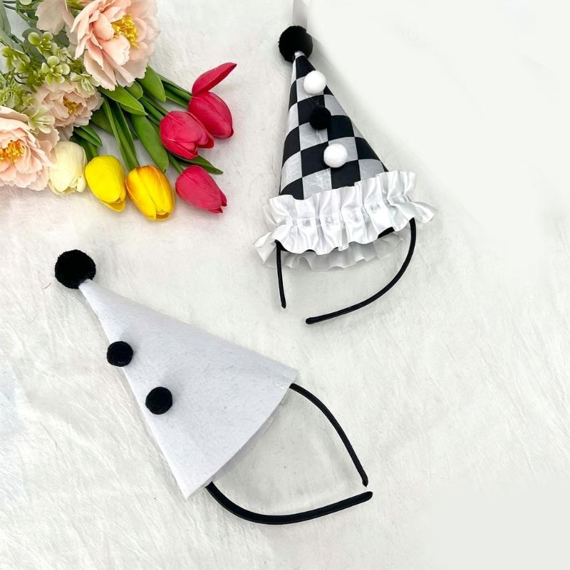 Upright Mini Party Clown Hat Accessory with Preassembled Headband for Quick Party and Costume Outfit Finishing and Styling