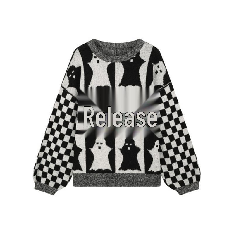 

2026 Halloween Loose Fit Plus Size Sweater - Round Neck Knitwear for Autumn/Winter 0XL чорний/сірий