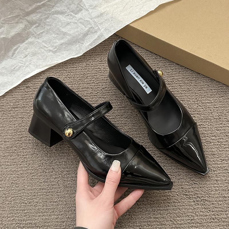 Designer Thick Heel Women Mary Jane Shoes Fashion Shallow Pointed Toe Shoes 2026 Spring Party Dress Prom Female Leather Pumps