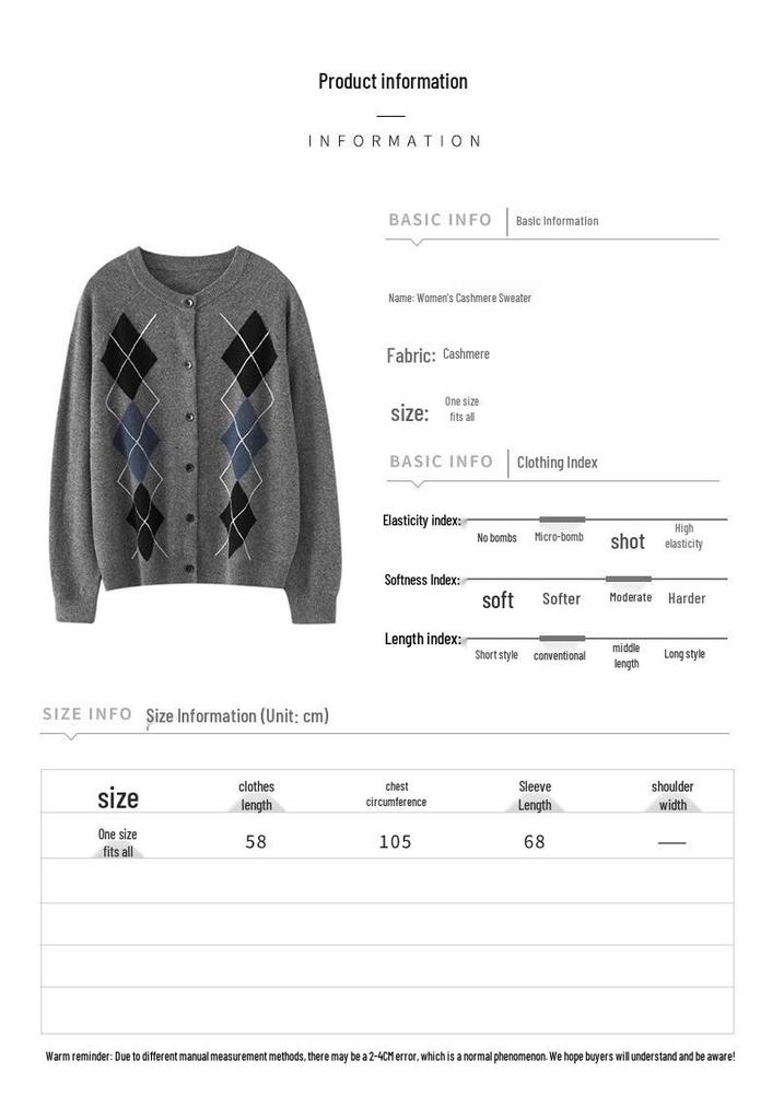 Women's Autumn Winter French Retro Cashmere Diamond Pattern Cardigan Sweater