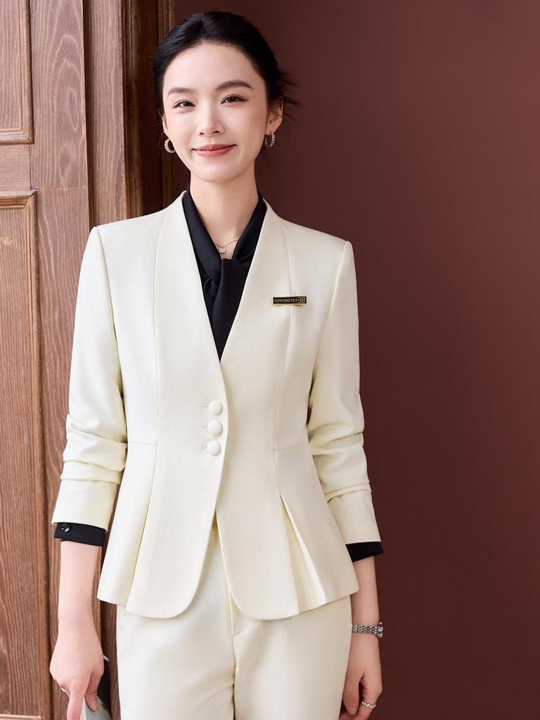 Elegant Collarless Women's Suit Set for Hotel Manager & Receptionist Spring/Autumn Workwear