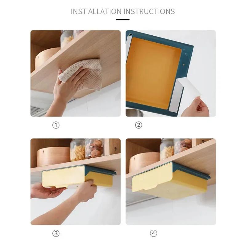 Hidden Hanging Storage Box Kitchen Drawer Knife Fork Spoon Tray Self Adhesive Under Desk Drawer Office Stationery Tool Organizer