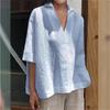 2026 Spring/Summer V-neck Cotton Linen Loose Mid-Sleeve Solid Women's Shirt