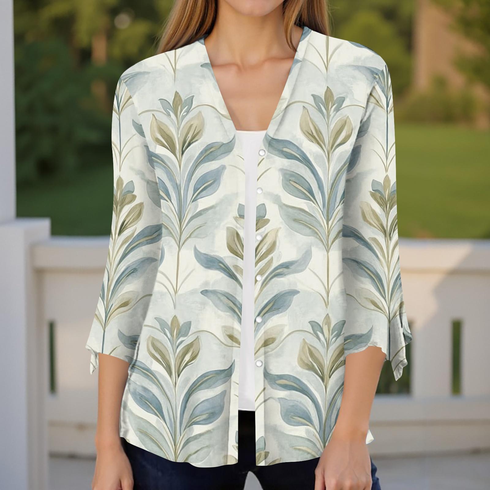 Womens Casual Blouse Floral Print V Neck Loose Fit Ruffle Sleeve Three Quarter Sleeve Button Down Shirt L циан
