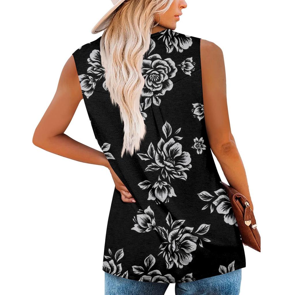 Damenmode, Blumendruck, plissiert, ärmellos, lässig, T-Shirt, Weste, Knopfleiste