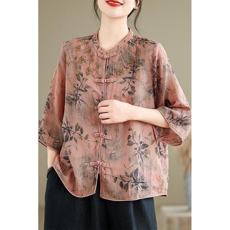 Women's New Stitched Stand-up Collar Button Print Fashion Loose Versatile Casual Shirts