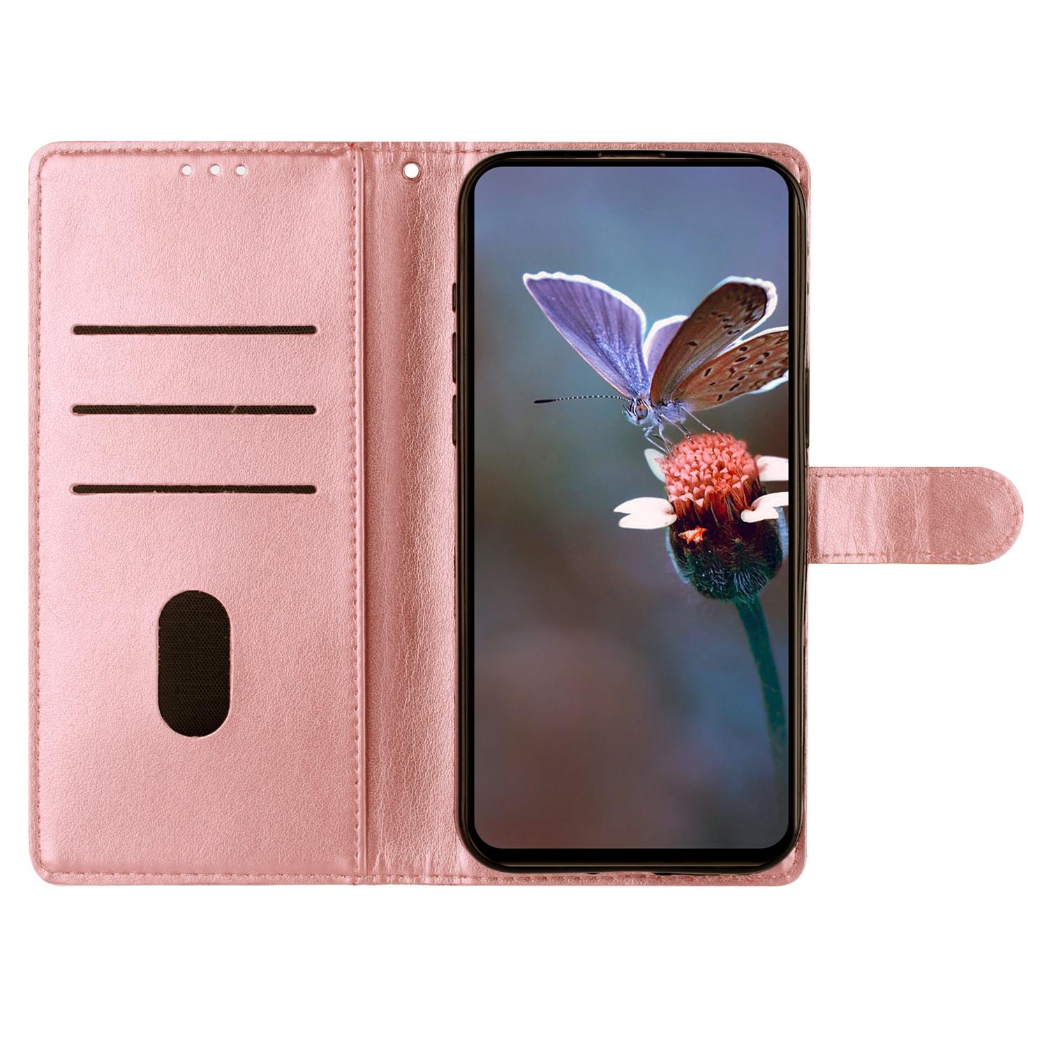 

For iPhone 16e Case Butterfly Flower Drop-Proof PU Leather Wallet Phone Cover Rose Gold