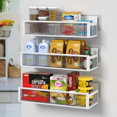 LENSKINS Spice Rack, No Drilling Required, Set of 3, Stick-On Kitchen Storage Spice Rack, Wall-Mounted Storage, Refrigerator or Washing Machine Compat