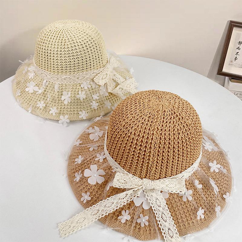 Summer lace floral bow hollow sun hat children vacation beach photo senior sun hat straw hat
